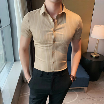 High Quality Ice Silk Traceless Striped Shirt Men's Summer Short Sleeve Slim Casual Business Shirts Tuxedo Men Clothing 4XL-M