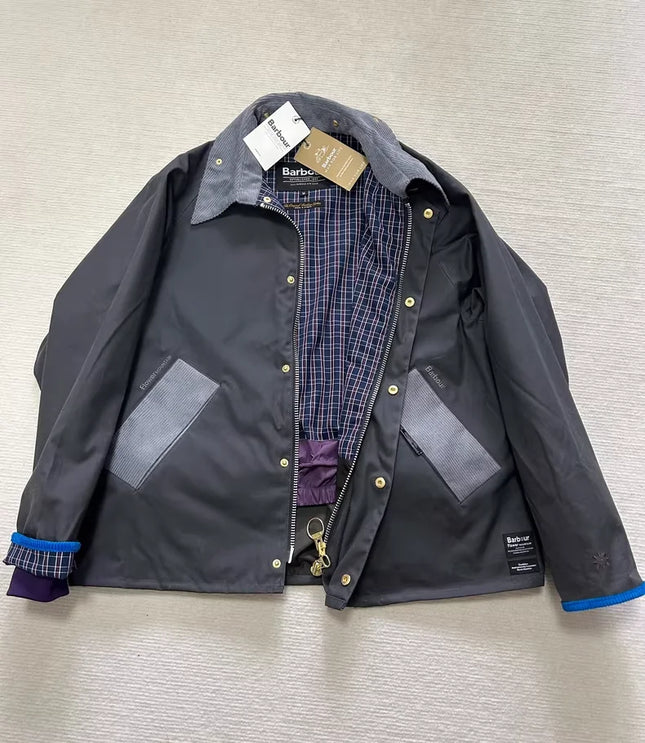 B@r Flower MOUNTAIN Waxed Jacket, Contrasting Jacket, Grey Collar