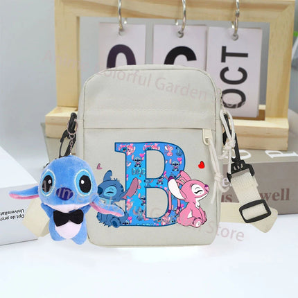 Disney Stitch Canvas Shoulder Bags with Doll Cartoon Letter A-Z Printed Fashion Handbag Multi Pocket Zipper Crossbody Bag Gifts