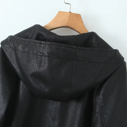 Autumn 2024 new women's fashion casual Joker temperament commuting slim zipper hooded leather jacket.