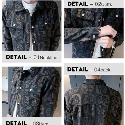 Men's Printed Denim Jacket in Red, Single Breasted Square Collar Coat, White Blue Trim, Asian Size M-4XL