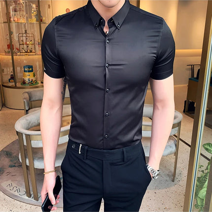 Neckline Embroidery Shirts Men Summer Short Sleeve Slim Fit Casual Shirt Men Solid Color Business Party Dress Shirt Streetwear