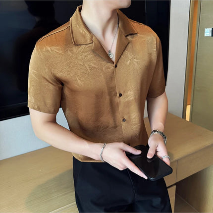 New Chinese Jacquard Shirt Luxury Men Elegant Print Slim Fit Casual Prom Social Shirts High Quality Summer Short Sleeved Tuxedo
