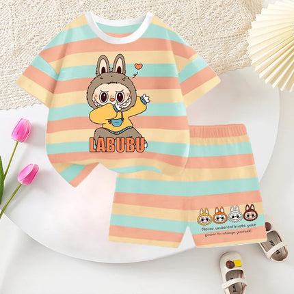 2pcs Labubu T-shirts Shorts Set for Children Pop Mart Fashion Striped Short Sleeved Shorts Suit Boys Girls Summer Clothes Suits