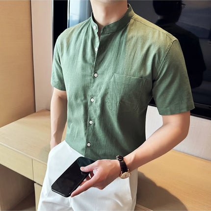 Summer New Chinese Style Linen Cotton Shirts Men's Standing Collar Short Sleeved Thin Breathable Shirt Tops Streetwear 4XL-M