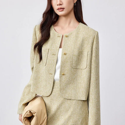 SENTUBILA Spring Women's Jackets 2025 Straight Cropped Office Lady Crewneck Long Sleeve Single Breasted Formal Coat 151W58771