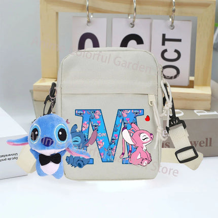 Disney Stitch Canvas Shoulder Bags with Doll Cartoon Letter A-Z Printed Fashion Handbag Multi Pocket Zipper Crossbody Bag Gifts