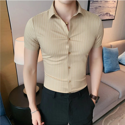 High Quality Ice Silk Traceless Striped Shirt Men's Summer Short Sleeve Slim Casual Business Shirts Tuxedo Men Clothing 4XL-M