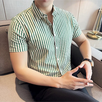 2025 Summer Fashion Vertical Striped Shirts Luxury Men's Short Sleeved Slim Fit Casual Pleated Business Shirt Men Clothing 4XL-M