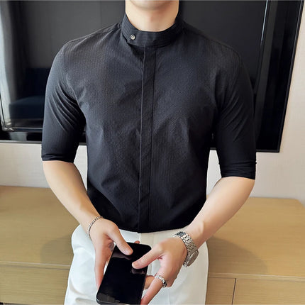 New Chinese Style Stand Up Collar Slim Fit Half Sleeved Shirts Men High Quality Striped Elegant Shirt Summer Social Party Dress