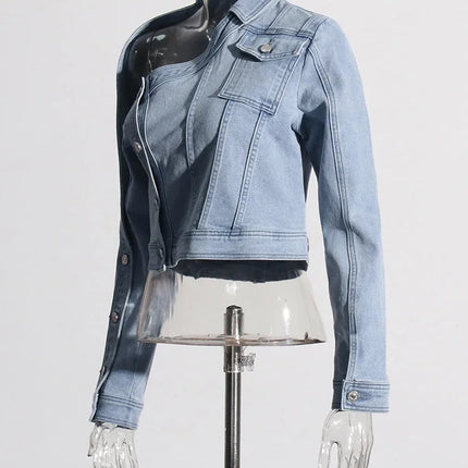 VGH Streetwear Spliced Button Chic Denim Jacket for Women Diagonal Collar Long Sleeve Patchwork Pockets Slim Short Coat Female