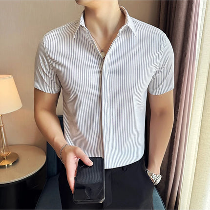 2024 Summer Fashion Vertical Striped Shirts Luxury Men's Hidden Button Short Sleeved Slim Fit Casual Business Shirt Men Clothing