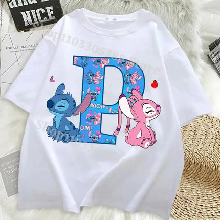 Disney Stitch T-shirts for Women Men Anime Letter A-Z Printed Short Sleeved Shirt Female Male Summer Fashion Top Adults Clothes