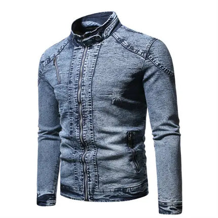 Blue Standing Collar Denim Jacket Men's, Fashion Casual Jacket, Black Gray Overcoat Male Outerwear M L XL XXL XXXL