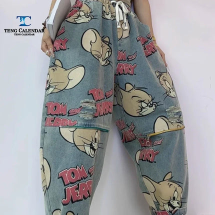 Korean Fashion Cartoon Printed Denim Jacket, Loose Fit Plus Size Short Cardigan Trend, Women's 2025 Autumn New Style