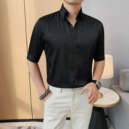 Summer New Powder Shiny Shirts Fashion Men's V-neck Half Sleeve Slim Fit Casual Shirts Social Personality  Top Club Outfits