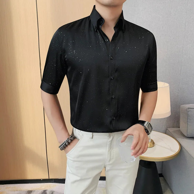 Summer New Powder Shiny Shirts Fashion Men's V-neck Half Sleeve Slim Fit Casual Shirts Social Personality  Top Club Outfits