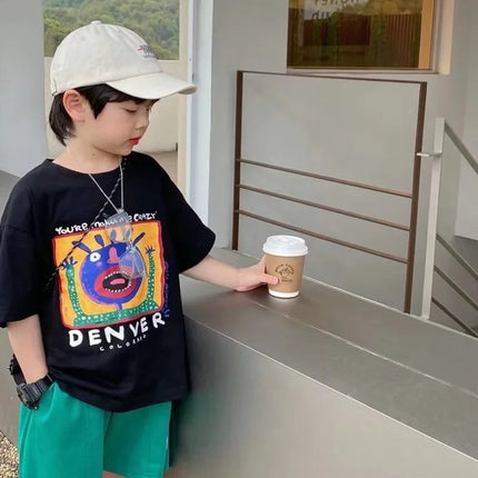 Summer Handsome Cool Kids Boy Casual Cartoon Bear Print Trendy Children's Pure Cotton T-shirt Short Sleeve Toddler Tees Han Fan
