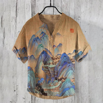 New bamboo linen 100% men's short-sleeved casual street beach V-neck short-sleeved shirt New Hawaiian linen shirt hill print shi