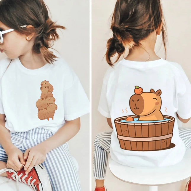 Kawaii Capybara Lovers Kids T-Shirt Short-Sleeved White T-Shirts Cartoon Tees Summer Children Top Crew Neck Children's Clothing