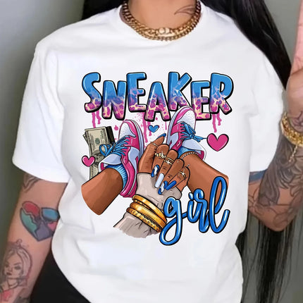 Summer Women Girl Graphic Print T-shirt Cotton T-Shirt Round Neck Casual T-shirt Oversized Loose Tee Top Clothing Streetwear