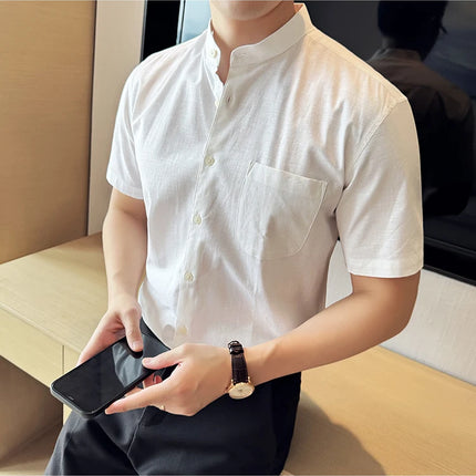 Summer New Chinese Style Linen Cotton Shirts Men's Standing Collar Short Sleeved Thin Breathable Shirt Tops Streetwear 4XL-M