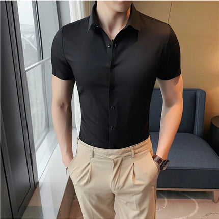 2025 Summer Ice Silk Seamless Shirt High Quality Silky Smooth Short Sleeve Slim Casual Business Tuxedo Shirts Mens Clothing 4XL