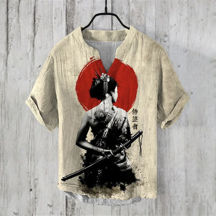 Fashion retro distressed linen breathable men's shirt men's clothing art illustration print fashion v-neck henley men's shirt