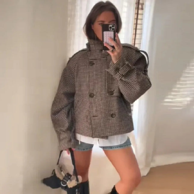 Talenza Autumn Winter Women Jacket Vintage Plaid Fashion Stand Collar Button-Up Coats New Streetwear Commuter Female Outerwear