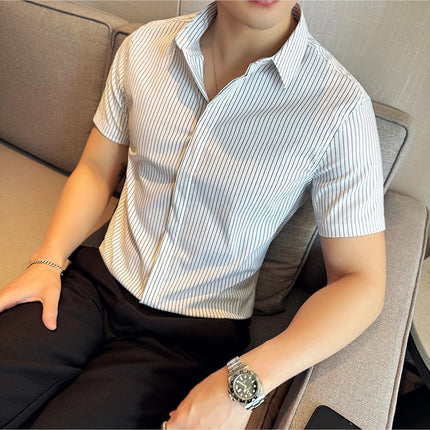 2024 Summer Fashion Vertical Striped Shirts Luxury Men's Hidden Button Short Sleeved Slim Fit Casual Business Shirt Men Clothing