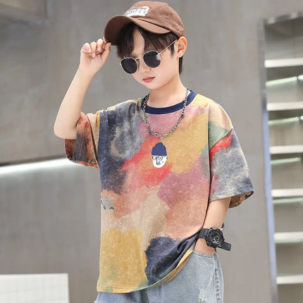 Summer Tie-Dye Cool Kids Boy Casual Tops Print Trendy Children's T-shirt Short Sleeve Teenager Tees Cotton Tshirt 4-14 Years Old