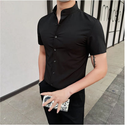 Men's Summer Fashion Stand Collar Business Casual Short Sleeve Shirt Luxury Slim Fit Solid Dress Shirt Brand Men Clothes 5XL-M