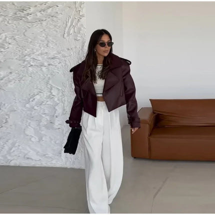 Women Red Wine Leather Short Jackets With Belt Vintage Turndown Collar Long Sleeve Coats 2024 Female Chic Streetwear Cardigan