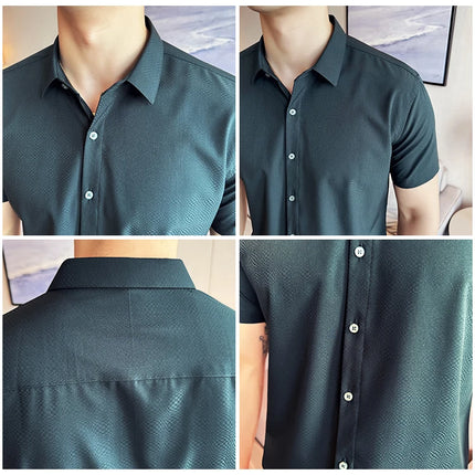 High Quality Ice Silk Elastic Jacquard Shirts 2024 Summer New Men Casual Short Sleeved Slim Fit Business Versatile Shirt 4XL-M