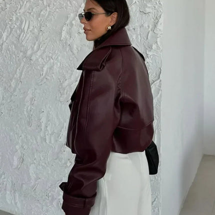 Women Red Wine Leather Short Jackets With Belt Vintage Turndown Collar Long Sleeve Coats 2024 Female Chic Streetwear Cardigan