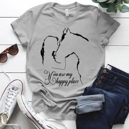 Summer Funny Horse And Girl You Are My Happy Place Print T-shirts Ladies Short Sleeve Tee Shirts Women O-Neck Oversized TShirt