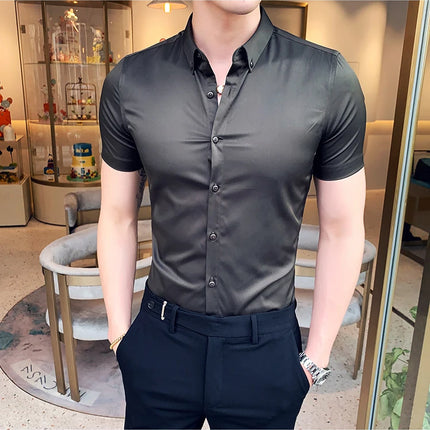 Neckline Embroidery Shirts Men Summer Short Sleeve Slim Fit Casual Shirt Men Solid Color Business Party Dress Shirt Streetwear