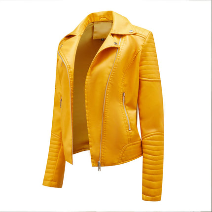 Spring and Autumn short women's leather jacket, Slim lapel biker suit, oblique zipper jacket women's coat