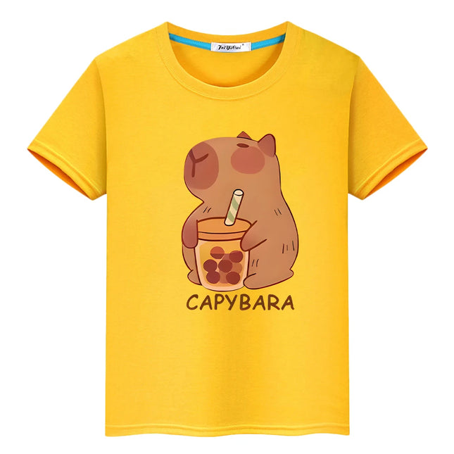 Capybara drinks milk tea print anime Short t shirt for kids boy 10year y2k one piece 100%Cotton Tops pride tshirt girls clothes