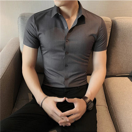 2025 Summer Ice Silk Seamless Shirt High Quality Silky Smooth Short Sleeve Slim Casual Business Tuxedo Shirts Mens Clothing 4XL