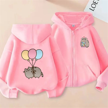 Cute Cat Pink Children's Hoodie tops Suitable age 3-12 Girls Sweatshirt coat Autumn Winter fashion Zipper style Hood Clothing