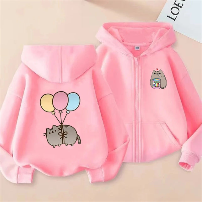 Cute Cat Pink Children's Hoodie tops Suitable age 3-12 Girls Sweatshirt coat Autumn Winter fashion Zipper style Hood Clothing