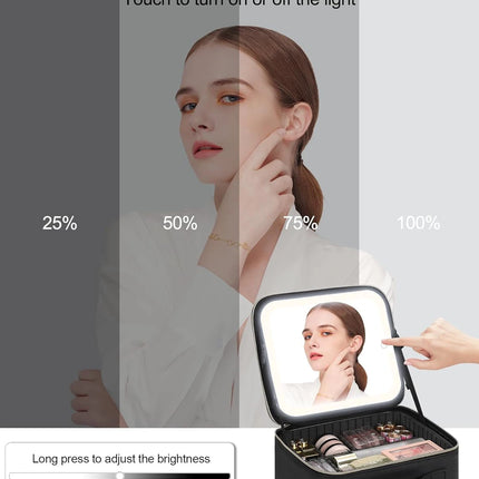 Makeup Organizer with Mirror Light 3 Adjustable Brightness Travel Train Case Cosmetic Bag Portable Storage Partition Waterproof