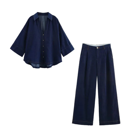 Summer Women's Suit High Waisted Wide Leg Jeans Denim Shirt Jacket Top 2025 Casual Loose Outerwear Trousers 2-piece Set