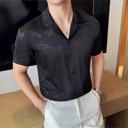 New Chinese Jacquard Shirt Luxury Men Elegant Print Slim Fit Casual Prom Social Shirts High Quality Summer Short Sleeved Tuxedo