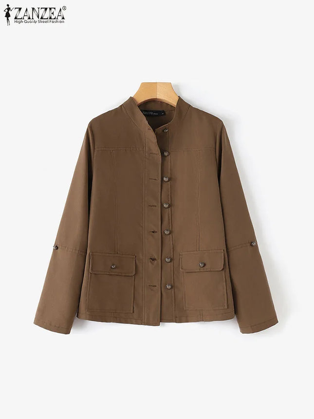 Stylish Spring Jackets Women Vintage OL Coats ZANZA Casual Long Sleeve O-Neck Outwear Solid Buttons Down Coat Female Tops 2024