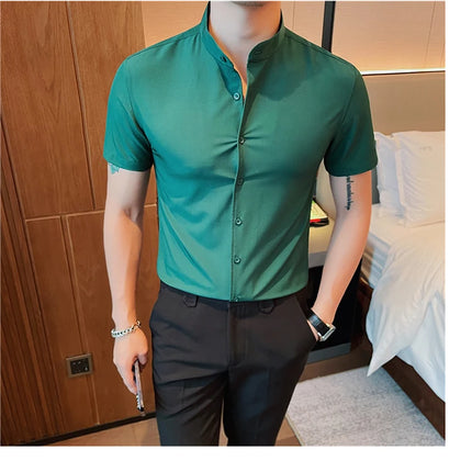 Men's Summer Fashion Stand Collar Business Casual Short Sleeve Shirt Luxury Slim Fit Solid Dress Shirt Brand Men Clothes 5XL-M