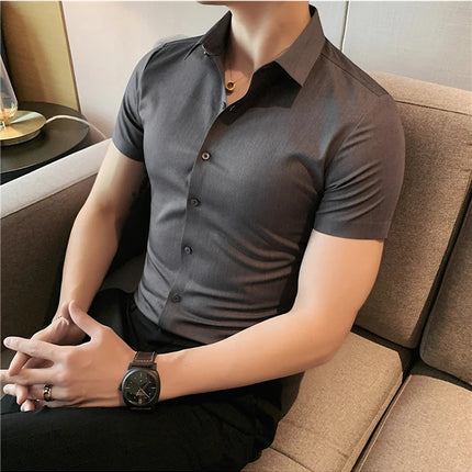 2025 Summer Ice Silk Seamless Shirt High Quality Silky Smooth Short Sleeve Slim Casual Business Tuxedo Shirts Mens Clothing 4XL