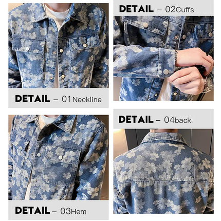 Men's Printed Denim Jacket in Red, Single Breasted Square Collar Coat, White Blue Trim, Asian Size M-4XL