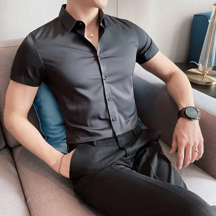 2025 Summer Solid Slim Fit Shirt High Quality Men Business Casual Short Sleeved Social Party Shirts Men Clothing Plus Size 5XL-M